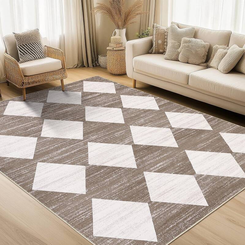 Garvee Plaid Brown 9x12 Machine Washable Checkered Area Rug, Non-Slip, Soft Low Pile, 100% Polyester, Durable Edge, Pet & Kid...