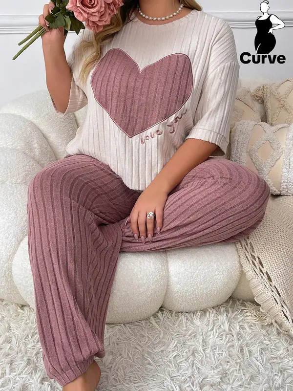 【Plus Size】 Two-piece Set Heart Graphic Embroidery Drop Shoulder Tee & Plain Elastic Waist Pants Pyjama Loungewear Set, C...