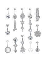 Cubic Zirconia & Flower Decor Chain Belly Button Rings, Women Belly Piercing Body Jewelry, for Crop Top Decor Back To Schoo...