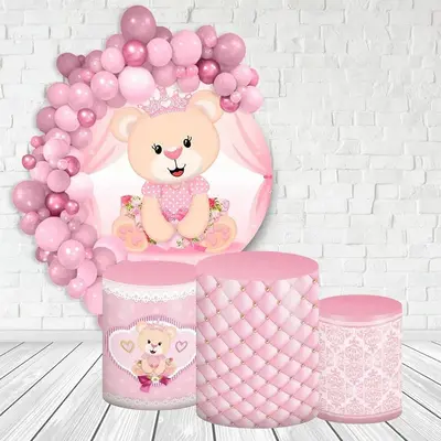 Aperturee Pink Floral And Teddy Bear Round Baby Shower Backdrop Kit | Round Backdrop Baby Shower | Round Party Backdrop | Rou...