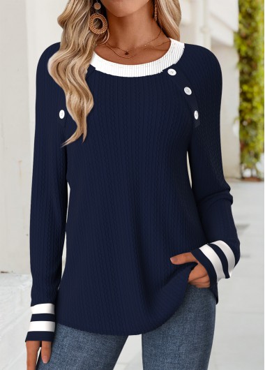 Modlily Navy Tummy Coverage Striped Long Sleeve T Shirt - XL