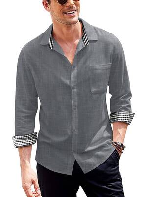 Long-Sleeve Cotton Linen Shirt (US Only), Dark Grey / S