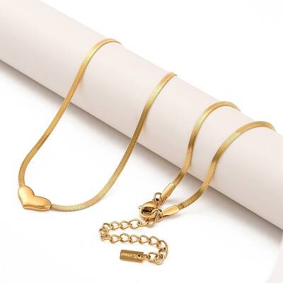 Ion Plating(IP) 304 Stainless Steel Heart Pendant Flat Snake Chain Necklaces for Women