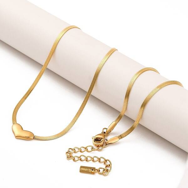 Ion Plating(IP) 304 Stainless Steel Heart Pendant Flat Snake Chain Necklaces for Women