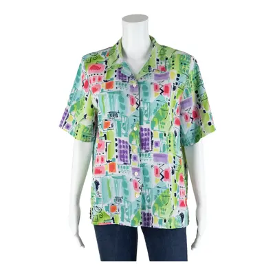 ALIA Abstract Blouse Green Collared Short Sleeve Womens M