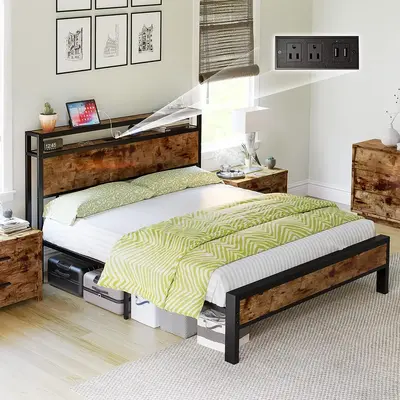 [TikTokShopfalldealsforyou] AMERLIFE Industrial Full /Queen/King Size Bed Frame,  Rustic Metal Bed Frame with 2-Tier Storage ...