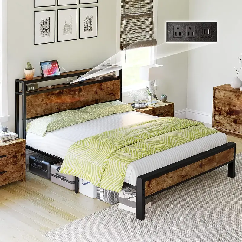[TikTokShopfalldealsforyou] AMERLIFE Industrial Full /Queen/King Size Bed Frame,  Rustic Metal Bed Frame with 2-Tier Storage ...