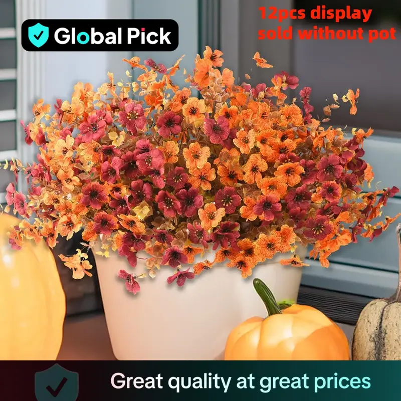 12 Artificial Autumn Flower Simulation Plants, Decorative Thanksgiving Halloween Christmas Wedding Party Home Garden Decorati...