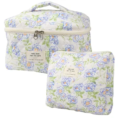 Cute Makeup Bag for Women(2 Pcs), Travel Cosmetic Bags, Quilted Coquette Aesthetic Floral Toiletry Organizer Bag