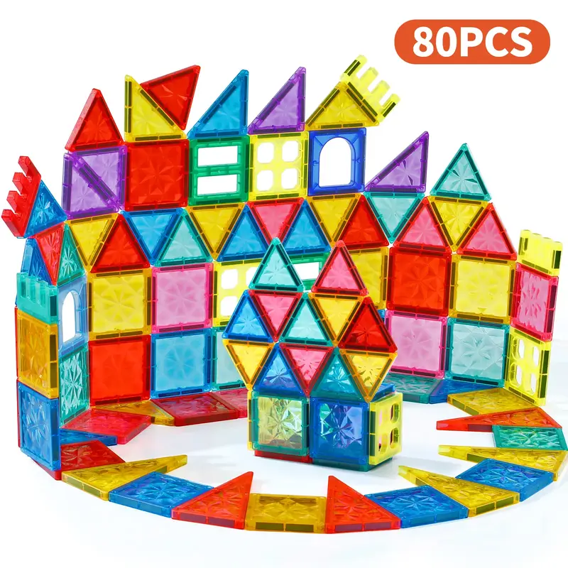 NETNEW 80Pcs Magnetic Building Tiles - STEM Educational Toy for Creative Play 4D Diamond Cut Design PicassoTiles Colossal Sty...