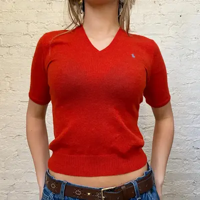 Ralph Lauren V-neck Jumper - Small Orange Wool Blend