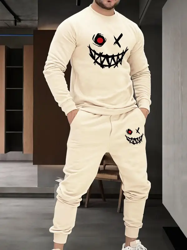 Men's Halloween Themed Cartoon Face Print Sweatshirt & Drawstring Waist Sweatpants Set, Regular Fit Drop Shoulder Long Sleeve...