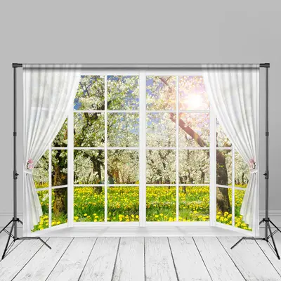 White Window Floral Tree Sunshine Spring Backdrop - Aperturee
