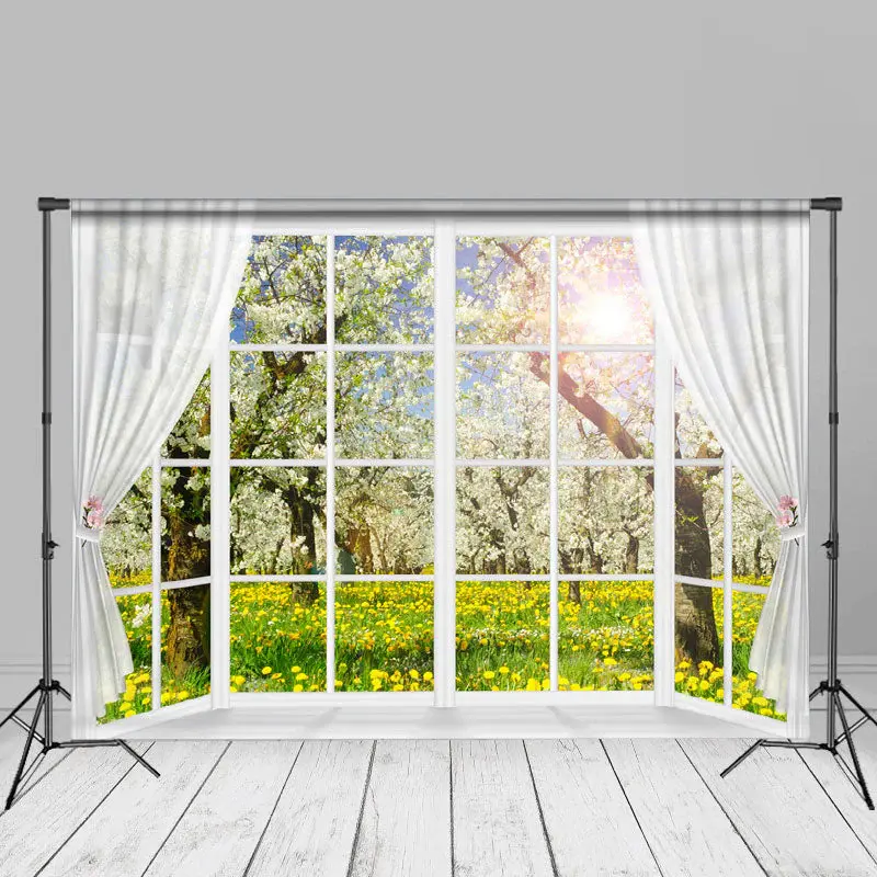 White Window Floral Tree Sunshine Spring Backdrop - Aperturee
