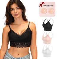 3Pcs Lace Bralettes for Women V Neck Lace Cami Tank Tops Racerback Adjustable Strap Crop Top with Removable Pads & Floral Emb...