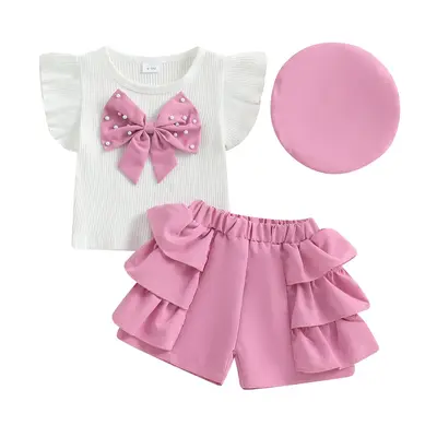 Toddler Girl Summer Clothes Big Pearl Bow Flutter Sleeve Round Neck Tops + Ruffled Shorts + Beret 3 Piece Gift Set