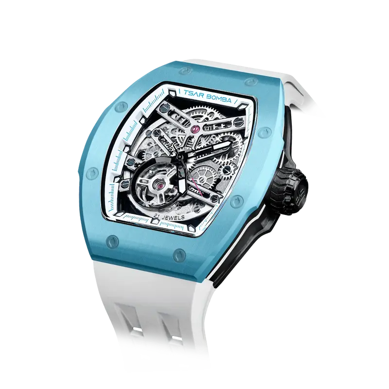 TSAR BOMBA Men's Automatic Watch | Light Blue | Skeleton Mechanical Wristwatch | Stainless Steel Case | 5ATM Waterproof Luxur...