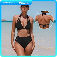 Popvil Black Monochrome Cut Out High Waisted Halter Bikini Set with Removable Paddings, Adjustable Straps, Great Supportive M...