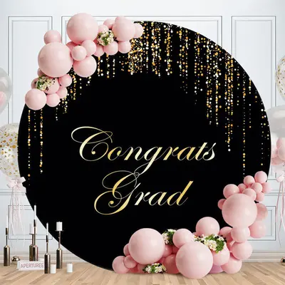 Aperturee Congrats Grad Black And Golden Glitter Circle Backdrop