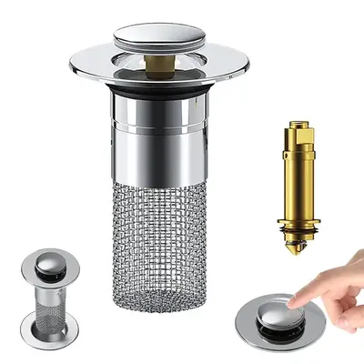 Bathroom Sink Drain Stopper, 1 Count Press Type Sink Drain Stopper with Copper Bounce Core, Multifunctional Sink Drain Filter...
