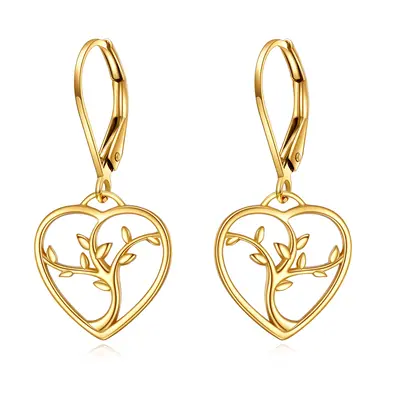 14K Gold Tree Of Life & Heart Drop Earrings