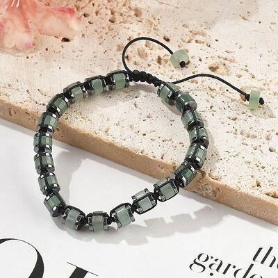 Adjustable Natural Labradorite and Non-magnetic Synthetic Hematite Braided Bead Bracelets