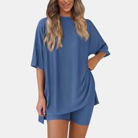 Women's Summer Two-Piece Set 2025 Casual Oversized Shirts Biker Shorts Matching Airport Travel Outfit Split Hem Lounge#spring...