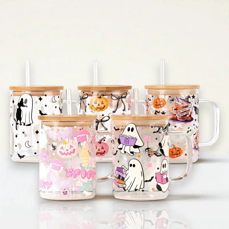 Sip-Sip Hooray! 17oz Halloween Glass Mug – Spooky Season Coffee Cup with Lid & Straw, Halloweentok 2024 Drinkware, Reusable...