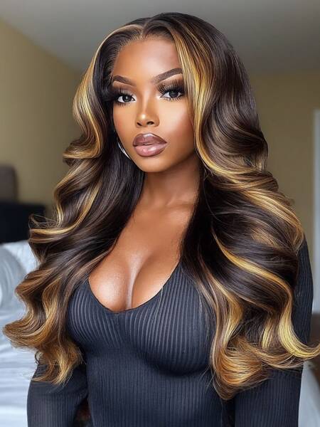 Nadula Flash Sale Loose Body Wave Wig Dark Brown Wig with Face-Framing Highlights And Yaki Wavy Wig Guleless Human Hair Wigs