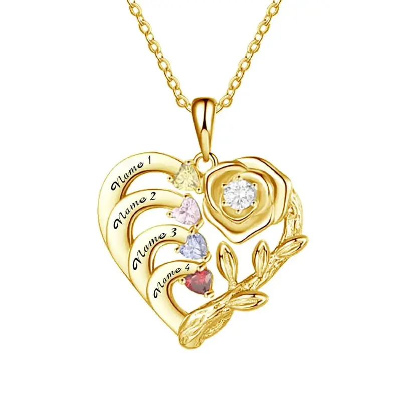 10K Gold Round Cut Personalized Birthstone Name Heart Necklace for Women