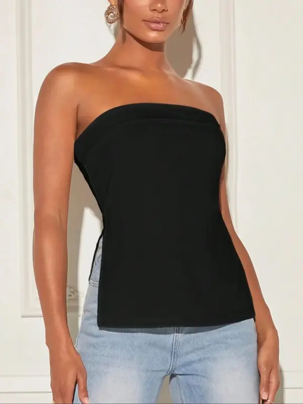 Women's Solid Backless Split Hem Tube Top, Casual Strapless Top for Summer, Ladies Clothes for Daily Wear