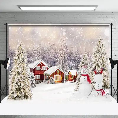 Aperturee Red Cabin Snowman Snowy Christmas Trees Backdrop