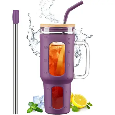 Winsa 46oz Tumbler Glass Water Bottle with Lid and Straw, Iced Coffee Cup with Handle, Glass Water Bottles with Silicone Slee...