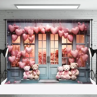Aperturee Heart Balloon Bear Toy Store Valentines Day Backdrop, 3X2FT(1MX0.6M), 14 USD, valentines day backdrops, NYHD1I92-M