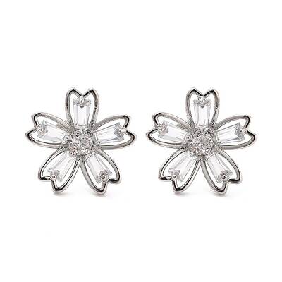Rack Plating Flower Brass Micro Pave Clear Cubic Zirconia Stud Earrings
