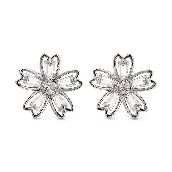 Rack Plating Flower Brass Micro Pave Clear Cubic Zirconia Stud Earrings