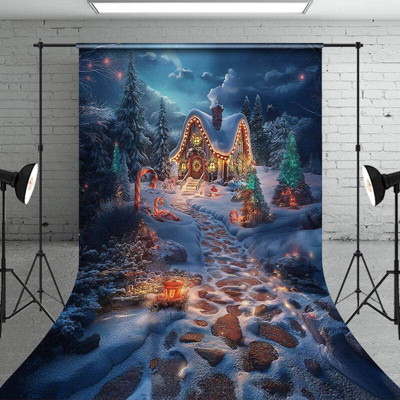 Snowy Moon Night Cabin Forest Path Christmas Backdrop - Aperturee