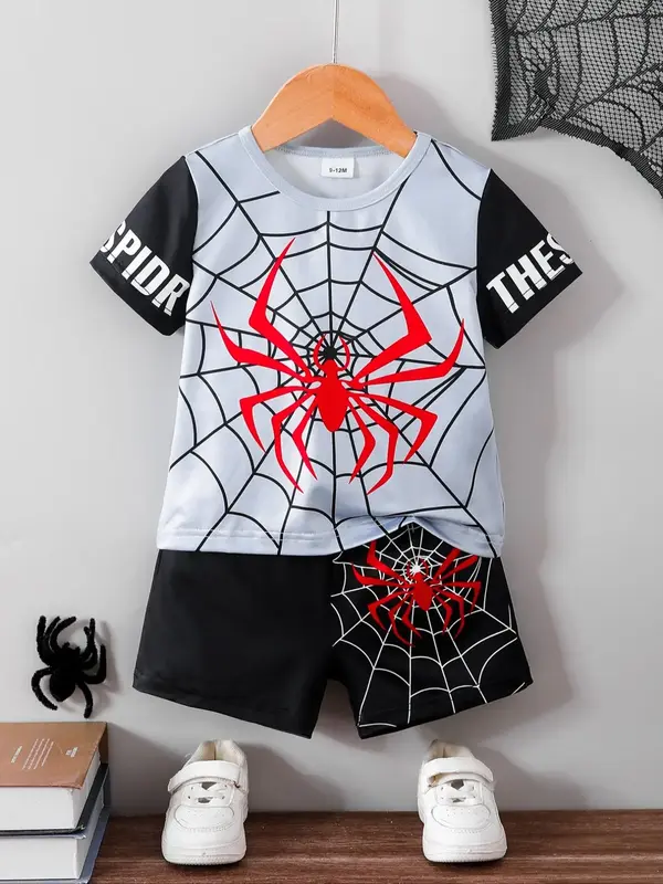 Baby's Spider Print Short Sleeve Tee & Shorts Two-piece Set, Casual Round Neck T-shirt & Shorts, Summer Outfits Clothes for I...