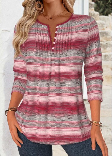 Modlily Multi Color Tuck Stitch Striped Long Sleeve Blouse - XXL