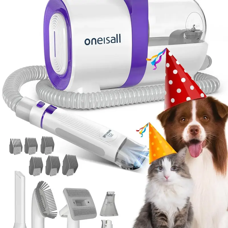 Oneisall Pet Vacuum 1.5L with Grooming Brush, Clipper, and Grinder for Hair-Free Grooming, Easy to Clean & Store, 99% Suction