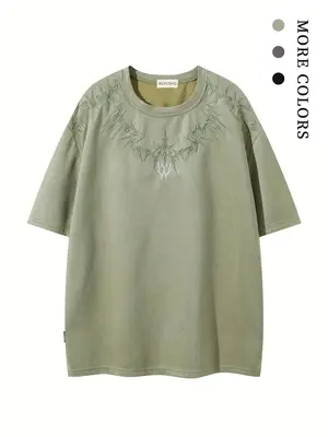 Men's Graphic Embroidery Drop Shoulder Tee, Loose Casual Short Sleeve Round Neck T-Shirt for Summer, Fashion Men's Top for ...
