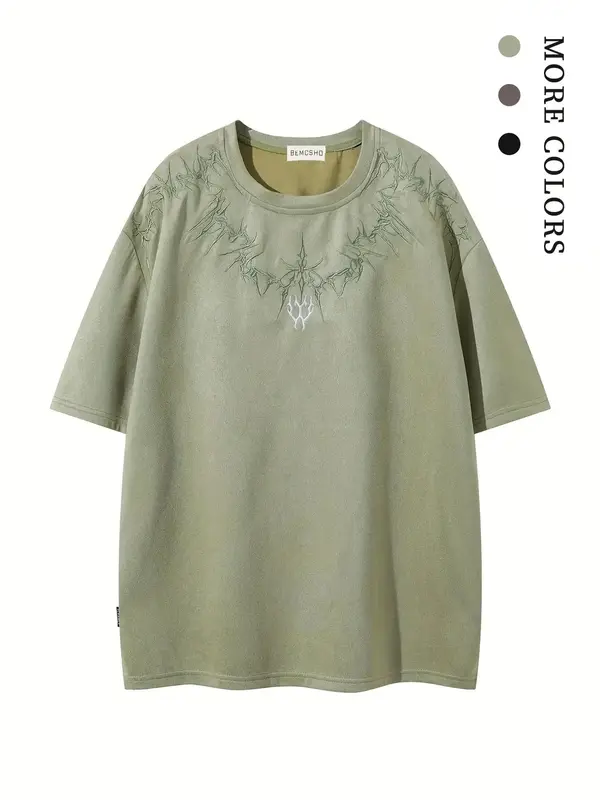 Men's Graphic Embroidery Drop Shoulder Tee, Loose Casual Short Sleeve Round Neck T-Shirt for Summer, Fashion Men's Top for ...