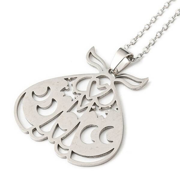 Non-Tarnish 201 Stainless Steel Moth with Moon Phase Pendant Necklace with Cable Chain