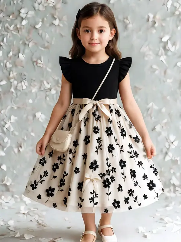 Girl's Belted Dress, Cute Casual A Line Dress for Party Holiday Wedding Guest, Kids Clothing for Summer