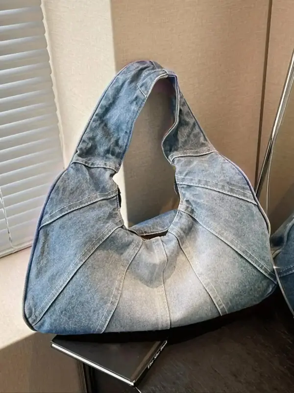 Women's Fashionable Denim Shoulder Bag, Shoulder Purse, 2025 New Style Casual Versatile Zipper Slouch Bag for Daily Used As G...