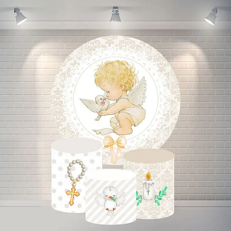 Aperturee Cute Baby Dove And Bow Circle Baby Shower Backdrop | Baby Shower Round Backdrop | Round Party Backdrop | Baby Showe...