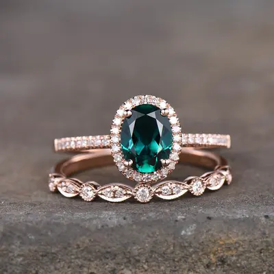 1.2 Carat Oval Emerald Diamond Halo Engagement Ring Set Marquise Design
