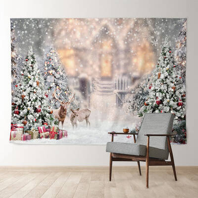 Aperturee Deers Christmas Tree Snowy Cabin Xmas Backdrop