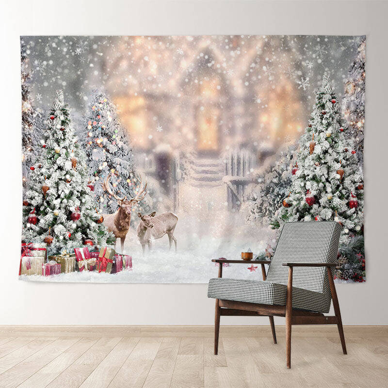 Aperturee Deers Christmas Tree Snowy Cabin Xmas Backdrop