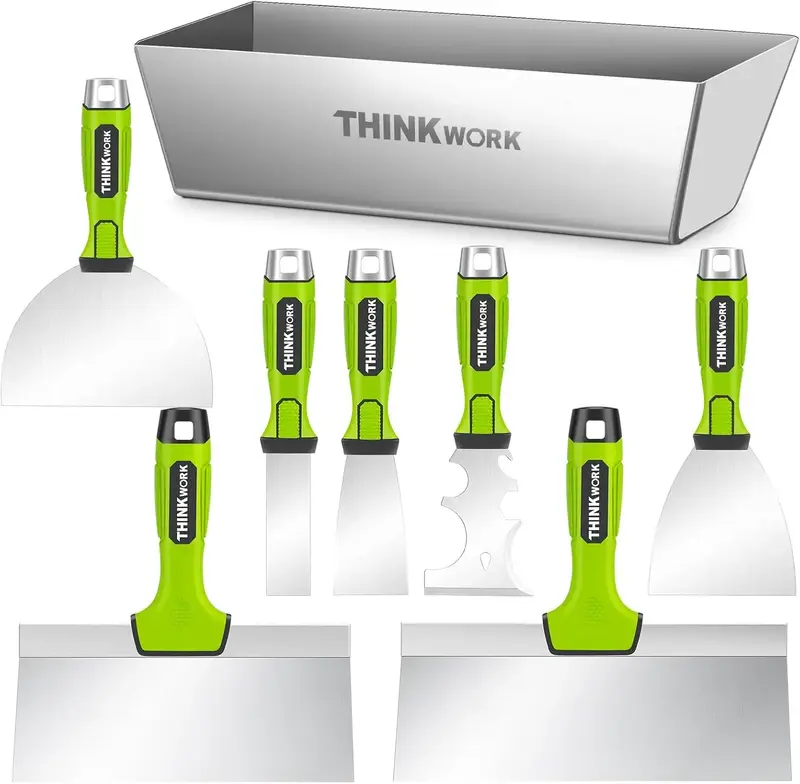 【Fall Deals For You】THINKWORK Drywall Tools, 8Pcs High Quality Stainless Steel Drywall Knife Set, Putty Knife with Mud Pa...